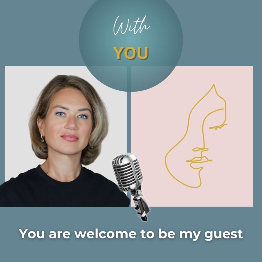 Podcast promotional image featuring a woman inviting guests, microphone graphic, and artistic face illustration, emphasizing the True Coaching Conversations podcast hosted by Katya Dmitrieva.
