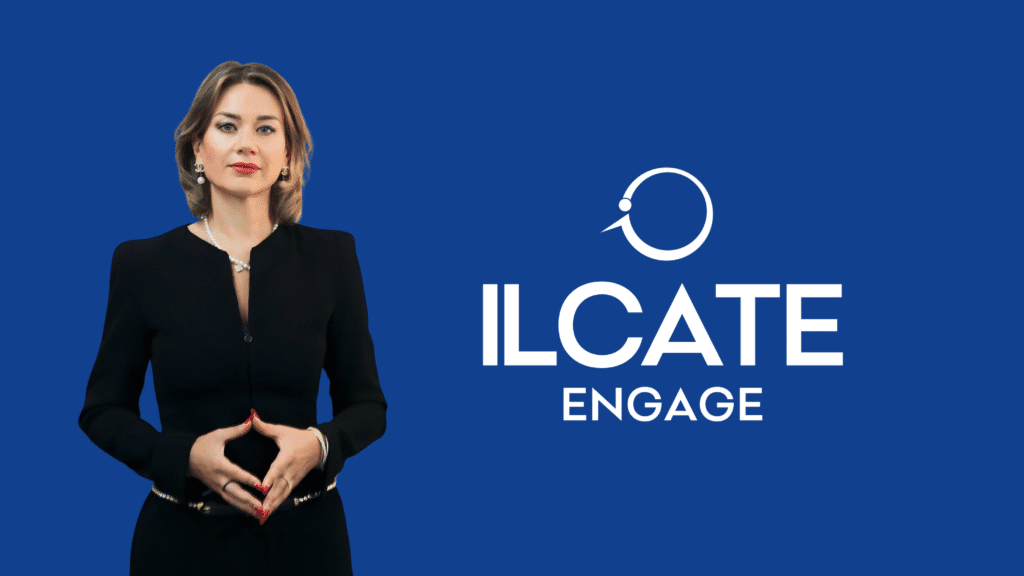Woman in professional attire presenting ILCATE Engage logo on blue background, promoting life coaching and leadership community.